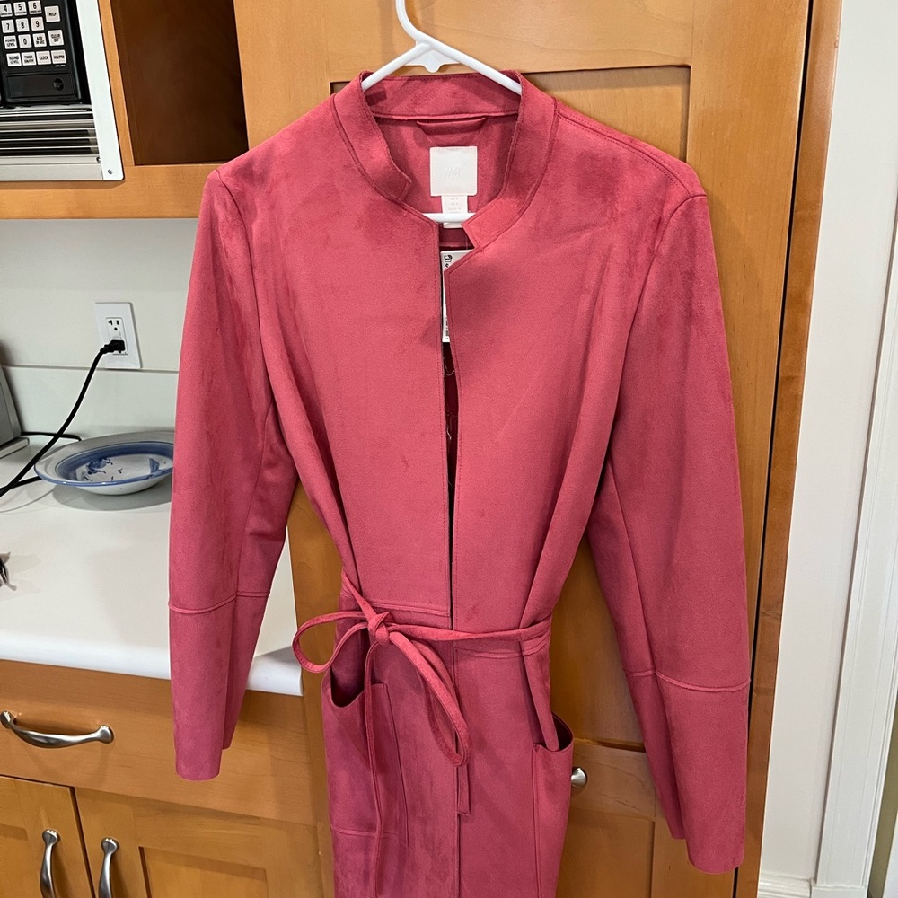 Pink H&M faux suede coat with belt and pockets